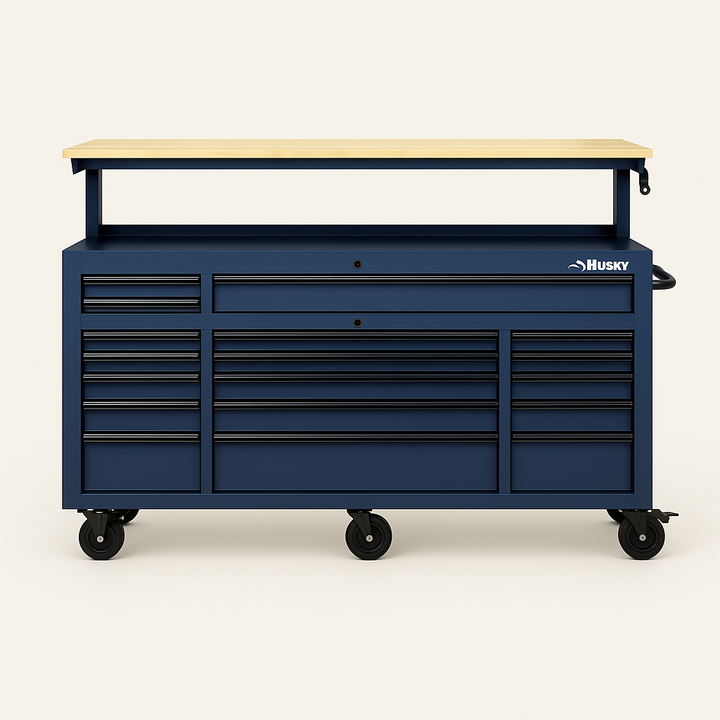 Husky 72 in. 18-Drawer Adjustable Height Mobile Workbench with Solid Wood Top in Matte Blue