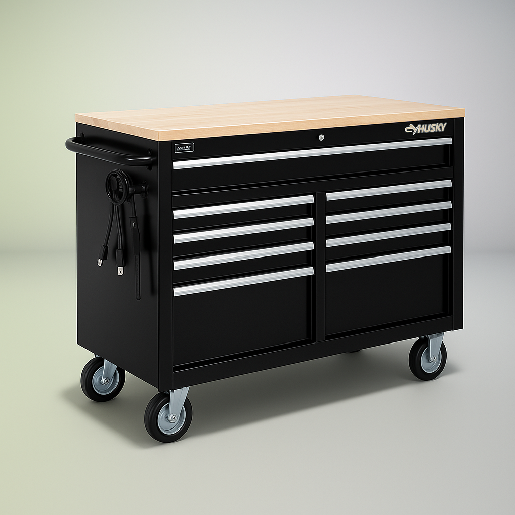 Husky 46 in. W x 24.5 in. D 9-Drawer Mobile Workbench with Solid Wood Top, All Black Finish
