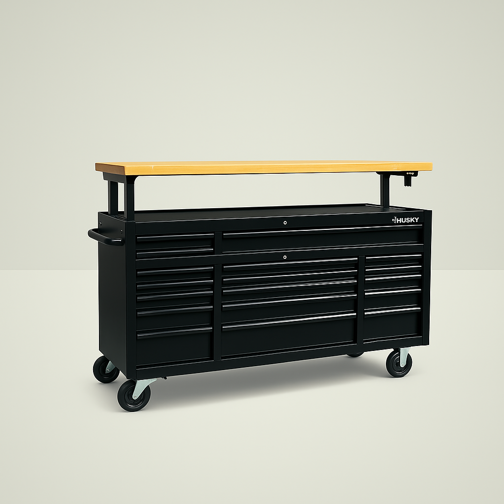 Husky 72 in. Heavy-Duty 18-Drawer Mobile Workbench with Adjustable-Height Hardwood Top, Matte Black