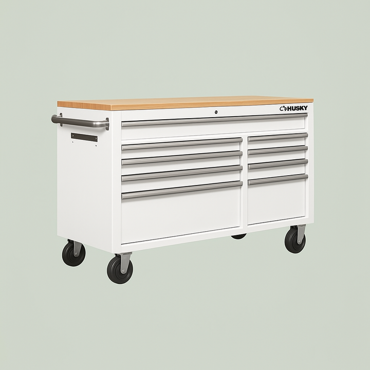 Husky 52 in. 9-Drawer Mobile Workbench Tool Chest with Solid Wood Top in Gloss White