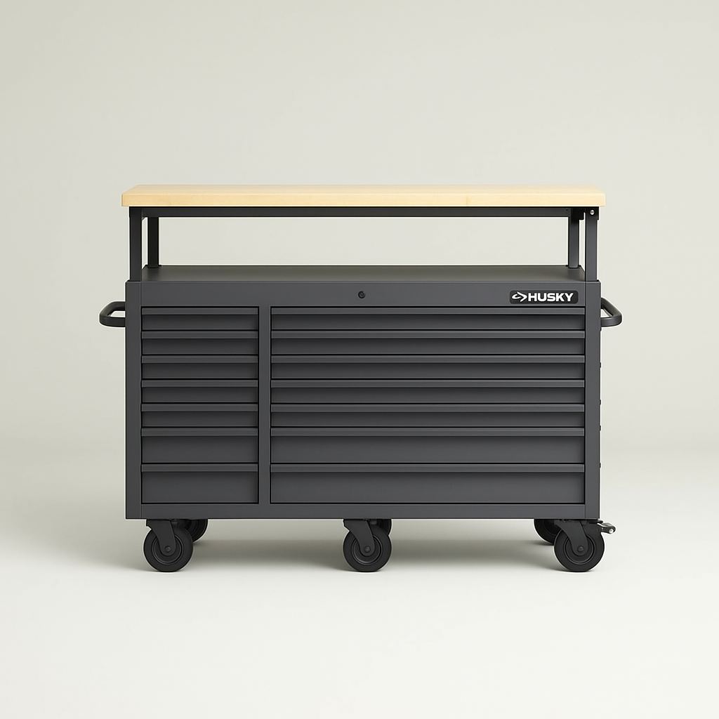 Husky 62 in. 14-Drawer Mobile Workbench with Adjustable Solid Wood Top, Gloss Black