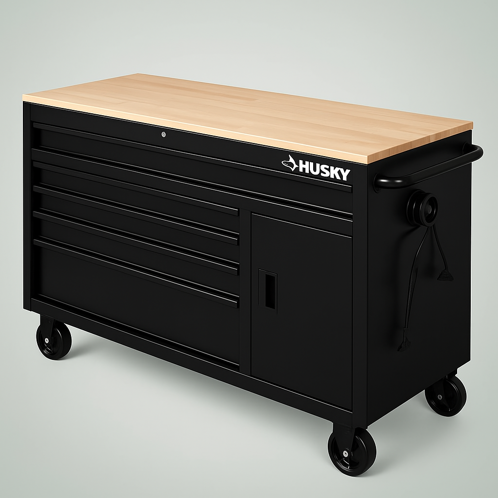 Husky 56 in. W 5-Drawer 1-Door Deep Tool Chest Mobile Workbench in Gloss Black with Hardwood Top