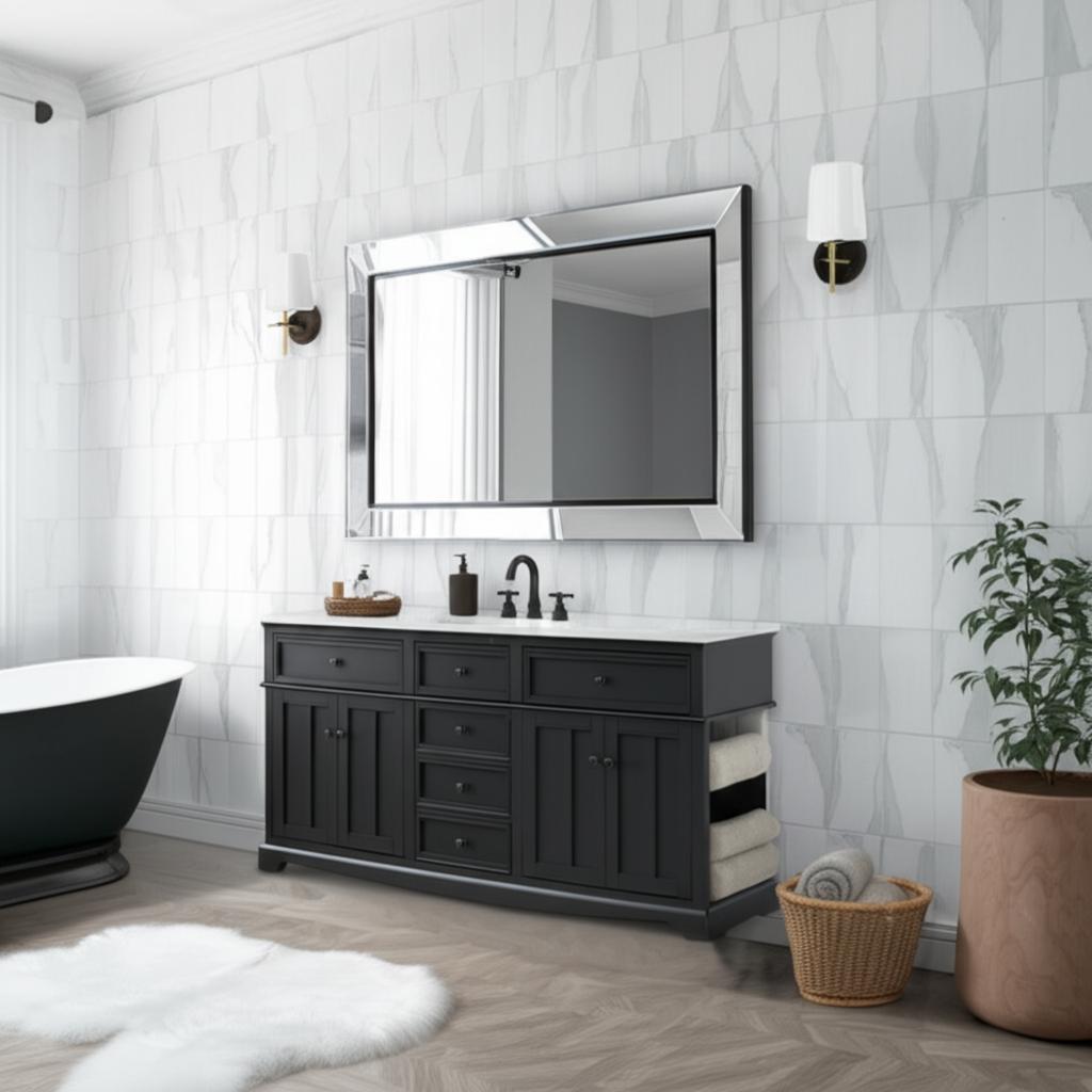 Home Decorators Collection Fremont 72" Double Sink Black Vanity with Marble Top