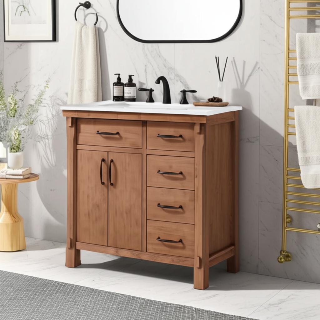 Home Decorators Collection Bellington 36 in. Single Sink Vanity in Almond Toffee with White Engineered Stone Top