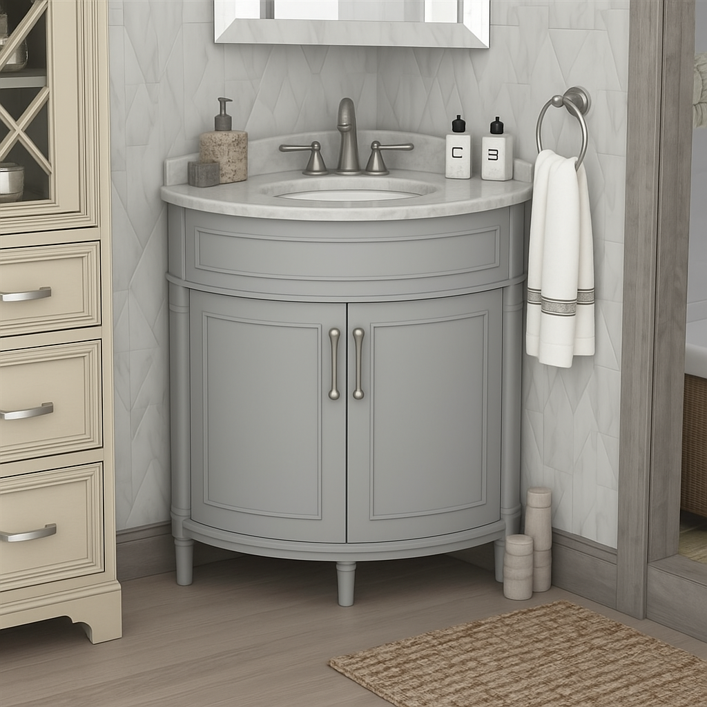 Home Decorators Collection Aberdeen 32-inch Corner Bathroom Vanity with Carrara Marble Top