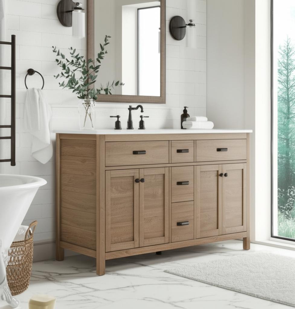 Home Decorators Collection Stanhope 61" Double Sink Vanity in Reclaimed Oak with Crystal White Top