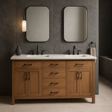 Home Decorators Collection Bellington 60 in. Double Sink Vanity in Almond Toffee with White Engineered Stone Top