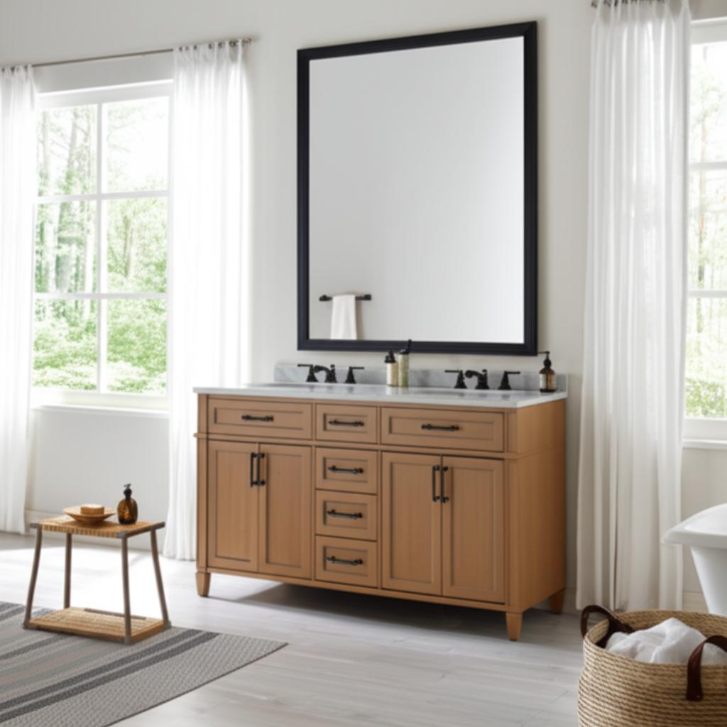 Home Decorators Collection Caville 60" Double Sink Vanity in Almond Latte with Carrara Marble Top