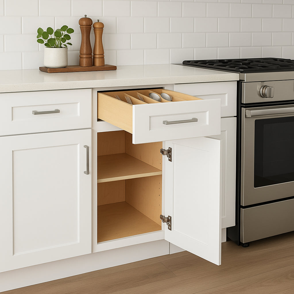 Home Decorators Collection Grayson 18 in. W x 24 in. D x 34.5 in. H Assembled Plywood Base Kitchen Cabinet in Pacific White with Cutlery LH