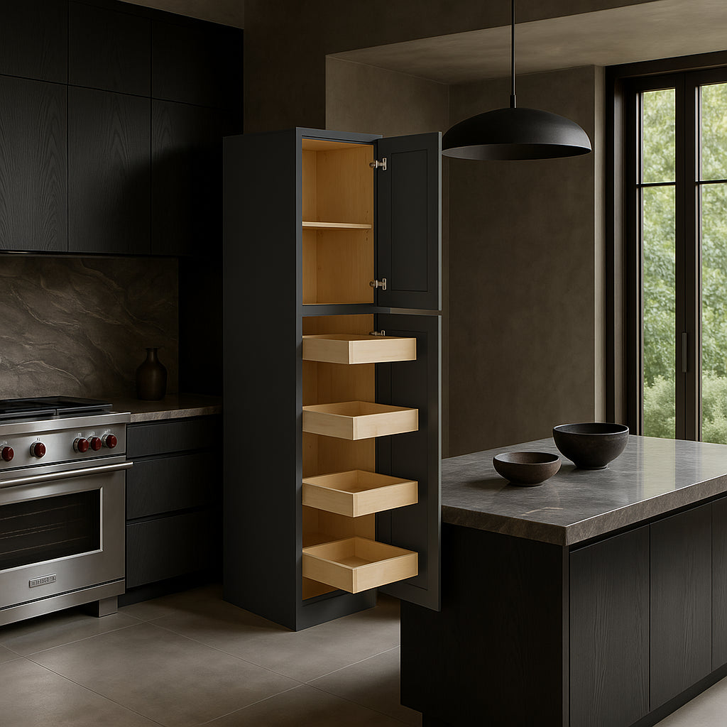 Home Decorators Collection Grayson 18 in. W x 24 in. D x 84 in. H Assembled Plywood Pantry Kitchen Cabinet in Deep Onyx