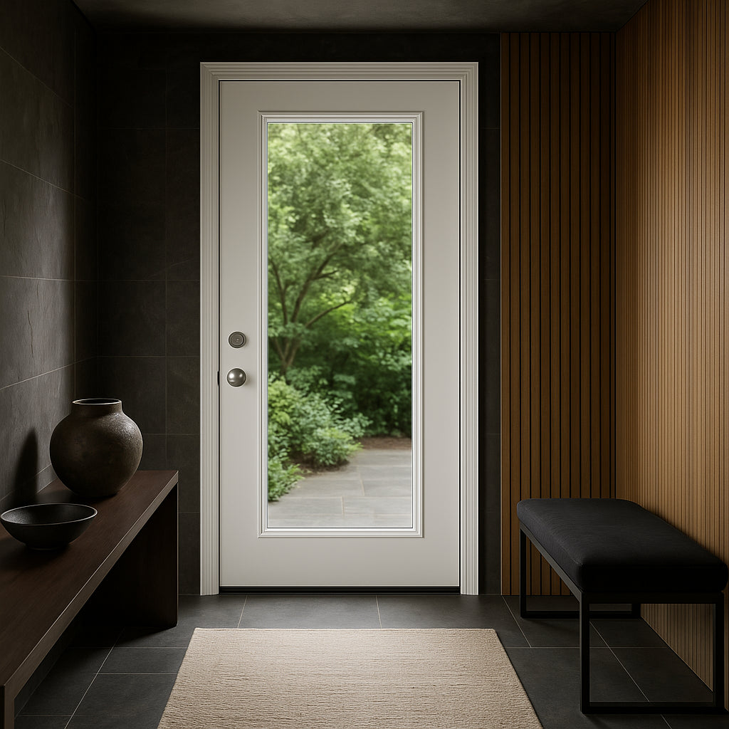 Masonite Premium Full Lite Primed Steel Prehung Front Door with Brickmold, Right-Hand Inswing, 32 in. x 80 in.
