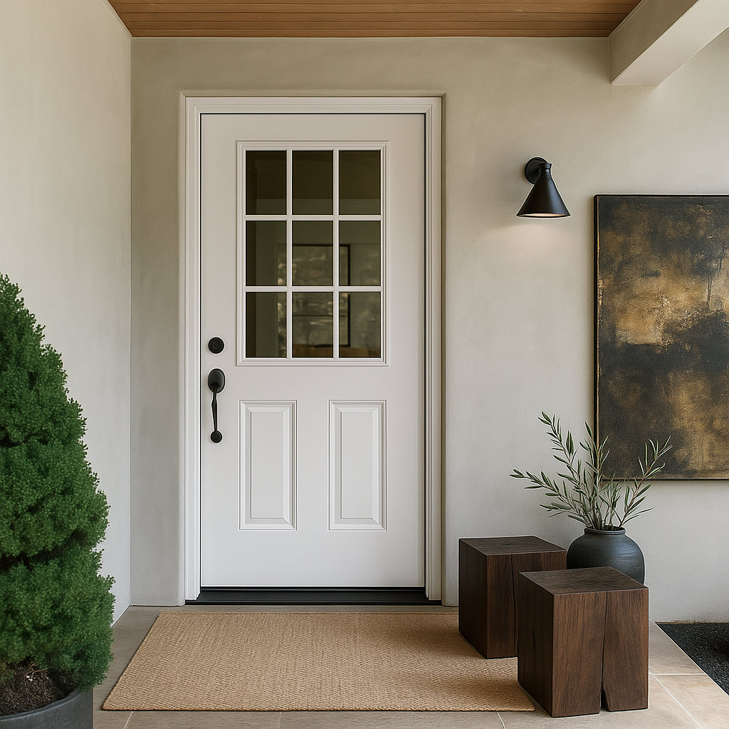 Masonite 32 x 80 in. 9 Lite Left Hand Inswing Primed White Smooth Fiberglass Prehung Exterior Door