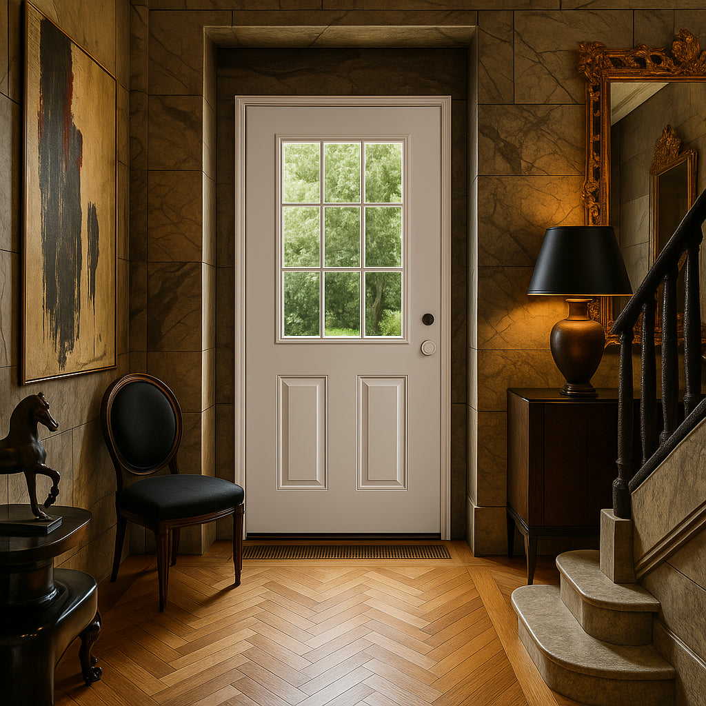 Masonite 32 x 80 in. 9 Lite Left Hand Inswing Primed White Smooth Fiberglass Prehung Exterior Door