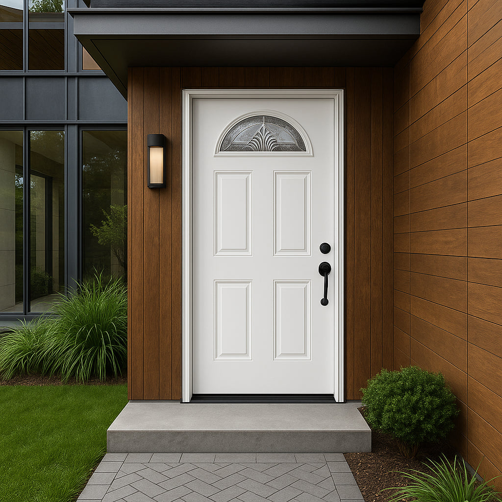 Masonite 36 x 80 in. Left-Hand Inswing Providence Fan Lite Primed Fiberglass Prehung Front Exterior Door, No Brickmold