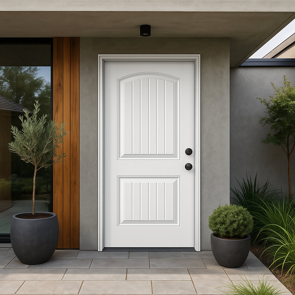 Masonite Cheyenne 2-Panel Primed Smooth Fiberglass Prehung Front Door, No Brickmold, Left-Hand Inswing, 36 in. x 80 in.