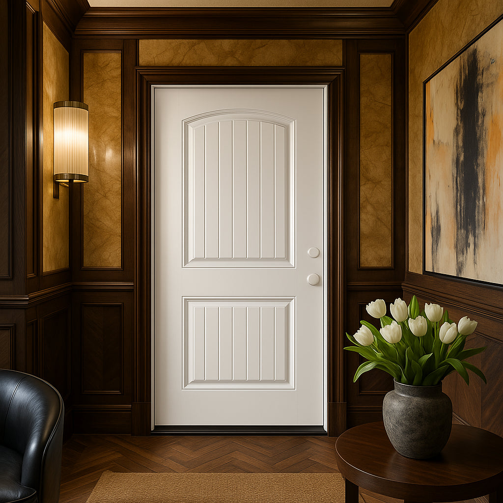 Masonite Cheyenne 2-Panel Primed Smooth Fiberglass Prehung Front Door, No Brickmold, Left-Hand Inswing, 36 in. x 80 in.