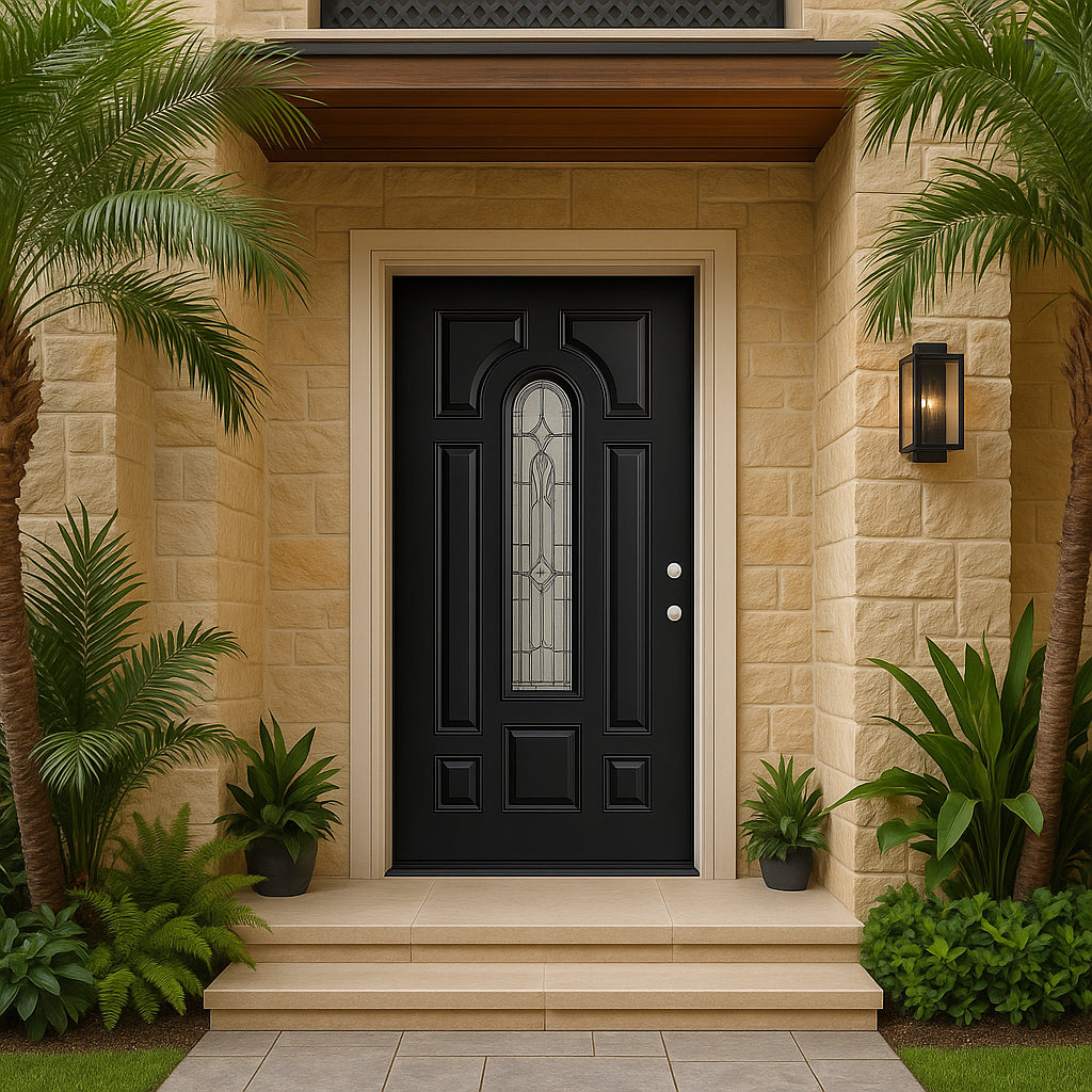 Masonite Providence Center Arch Jet Black Steel Prehung Front Door with Brickmold, Left-Hand Inswing, 36 in. x 80 in.