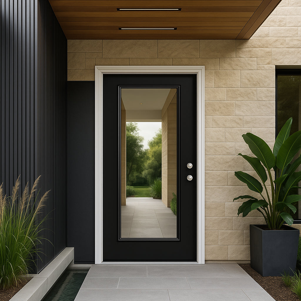 Masonite 36 in. x 80 in. Full Lite Jet Black Left Hand Inswing Painted Smooth Fiberglass Prehung Front Exterior Door with Brickmold