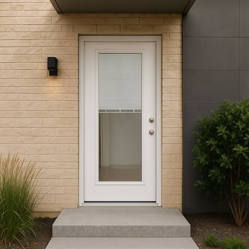 Masonite VistaGrande 32 in. x 80 in. Left Hand Inswing Full Lite Mini Blind Primed Smooth Fiberglass Prehung Exterior Door