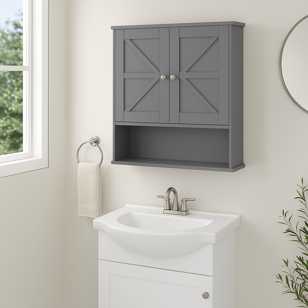 kleankin Gray Farmhouse Bathroom Wall Cabinet with Adjustable Shelf