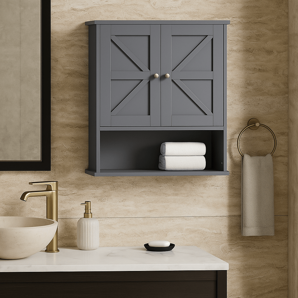 kleankin Gray Farmhouse Bathroom Wall Cabinet with Adjustable Shelf