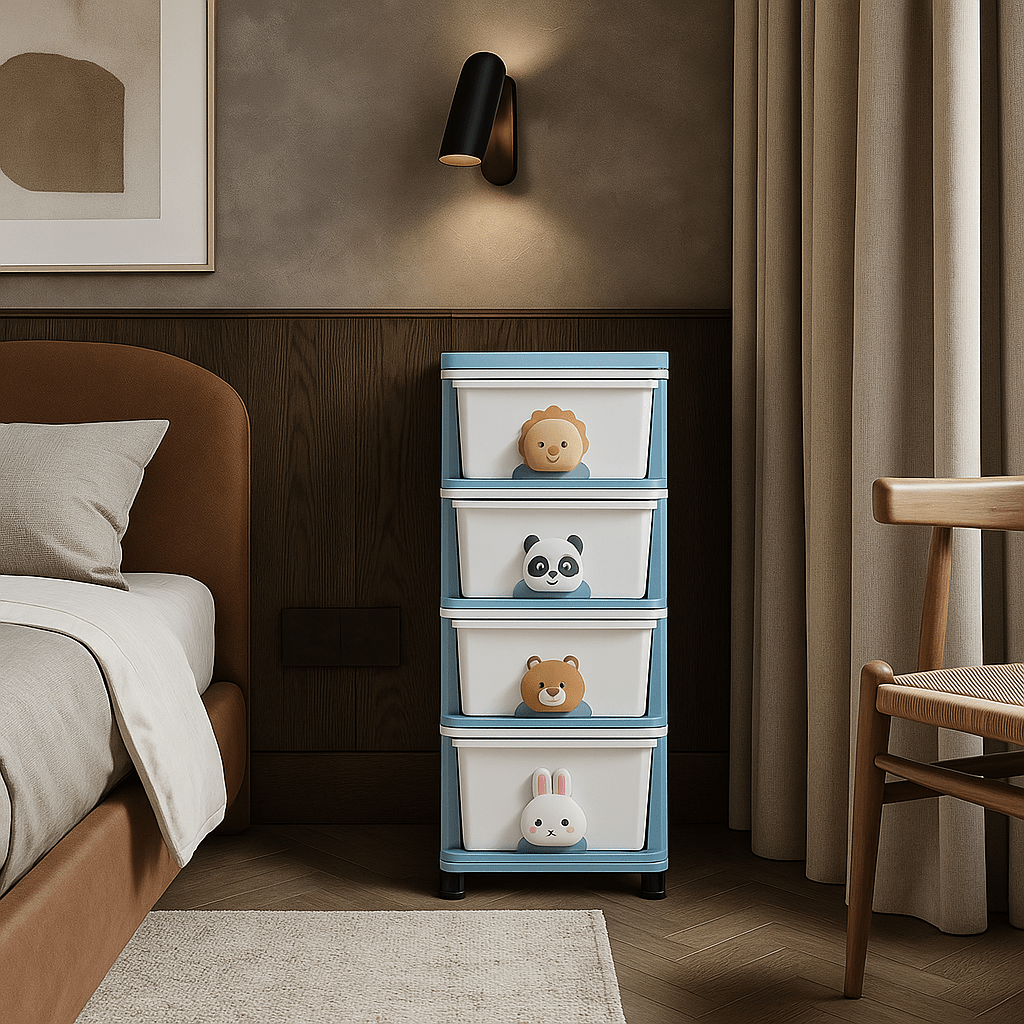 FUNKOL White Blue Plastic 4-Layer Storage Cabinet with Wheels
