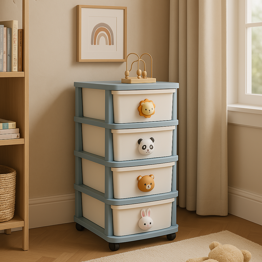 FUNKOL 15.75 in. W x 13.39 in. D x 31.50 in. H White and Blue Plastic 4-Layer Floor Drawer Cabinet with Cartoon Handles