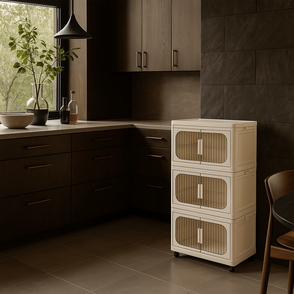 Adrinfly 3-Tier Folding Storage Cabinet with Wheels and Magnetic Door
