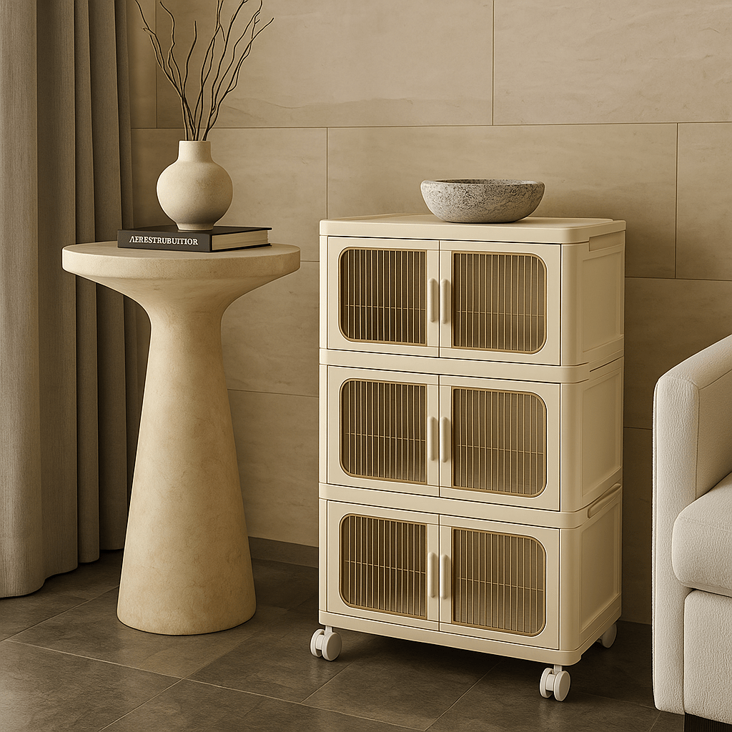 Adrinfly 3-Tier Folding Storage Cabinet with Wheels and Magnetic Door