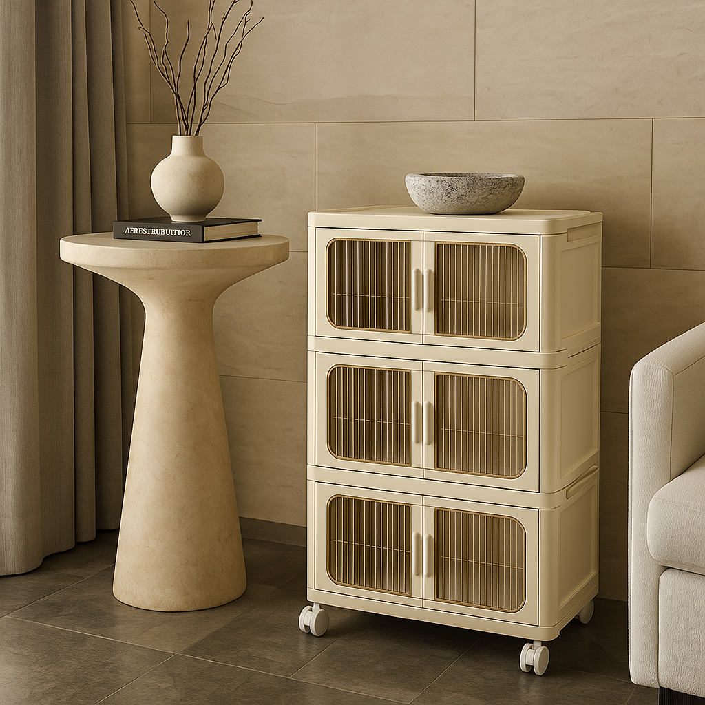 Adrinfly 19.69" Wide 3-Tier Folding Storage Cabinet with Wheels and Magnetic Door
