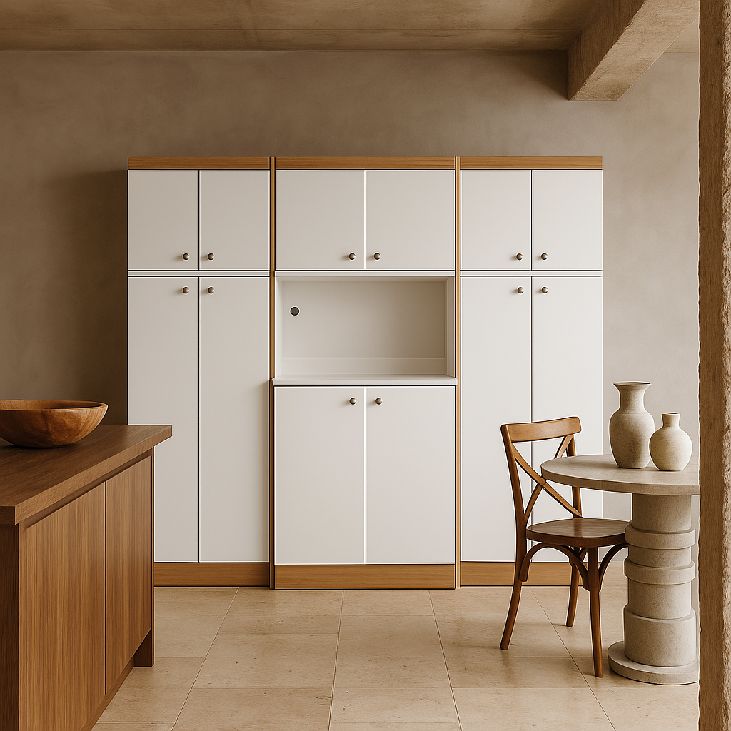 Inval Kitchen Storage Utility Cabinet in White and Vienes Oak, 3-Piece