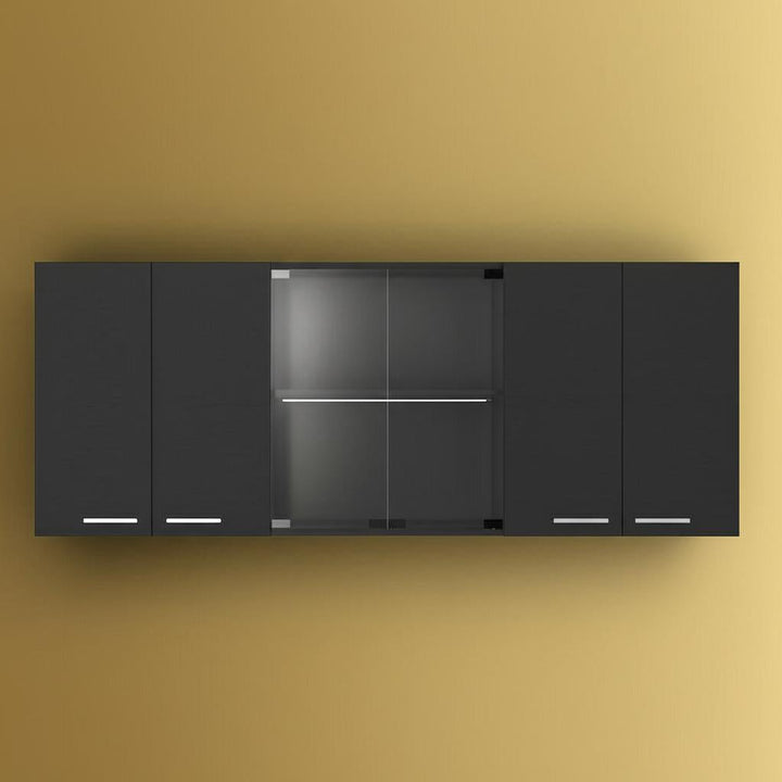 Amucolo Black Wood Wall Kitchen Cabinet with Glass Doors - 59 in. W x 12.4 in. D x 23.6 in. H