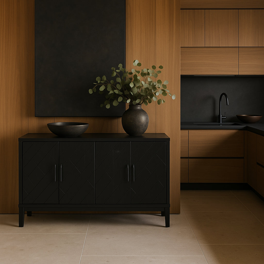 Runesay Black Retro Kitchen Cabinet Sideboard - 60 in. W x 16 in. D x 33 in. H