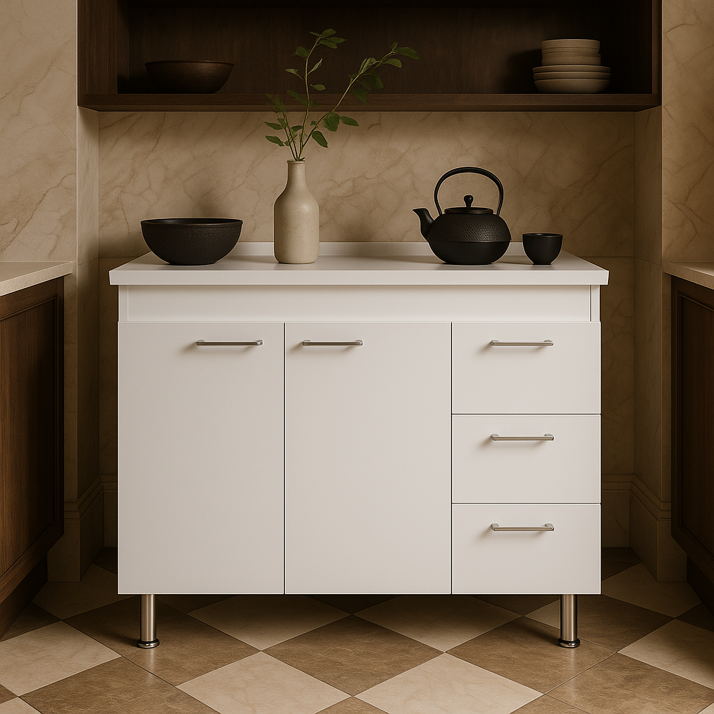 Aoibox Ready to Assemble Kitchen Base Cabinet in White with 3 Drawers and Double Door