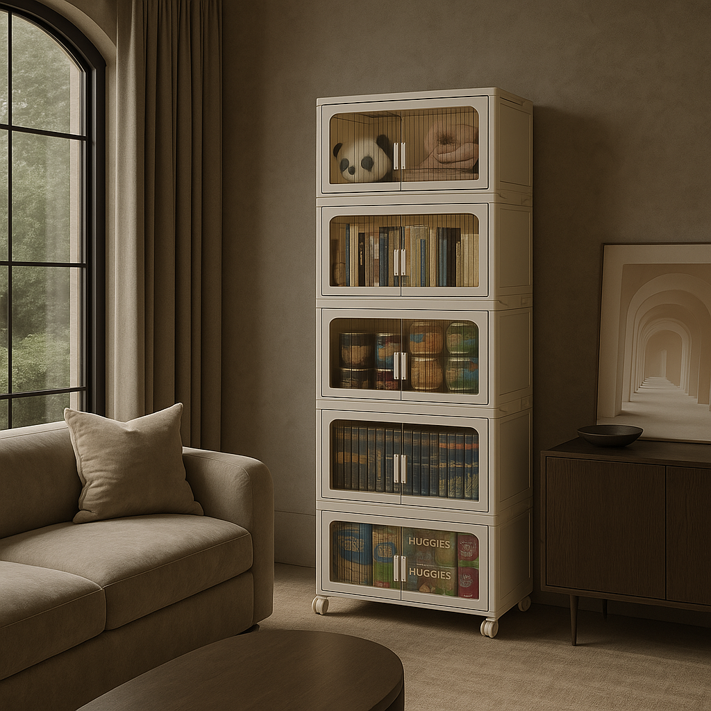Adrinfly 5-Tier Folding Storage Cabinet with Wheels and Magnetic Door