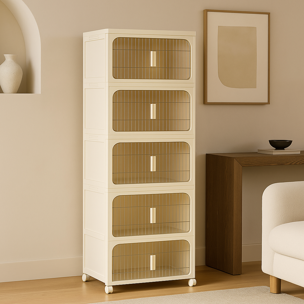 Adrinfly 5-Tier Folding Storage Cabinet with Wheels and Magnetic Door