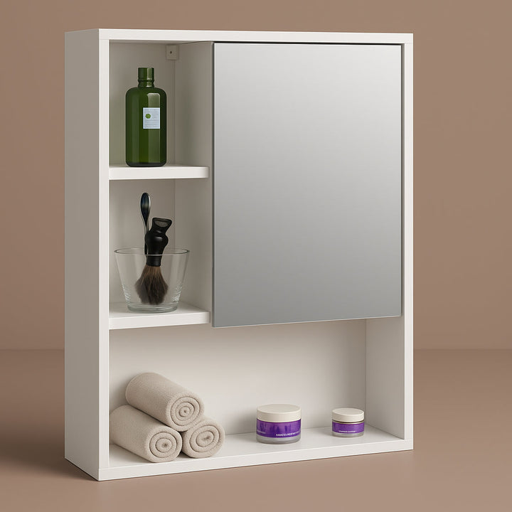 Basicwise Wall Mount Bathroom Mirrored Storage Cabinet with Adjustable Shelves, White