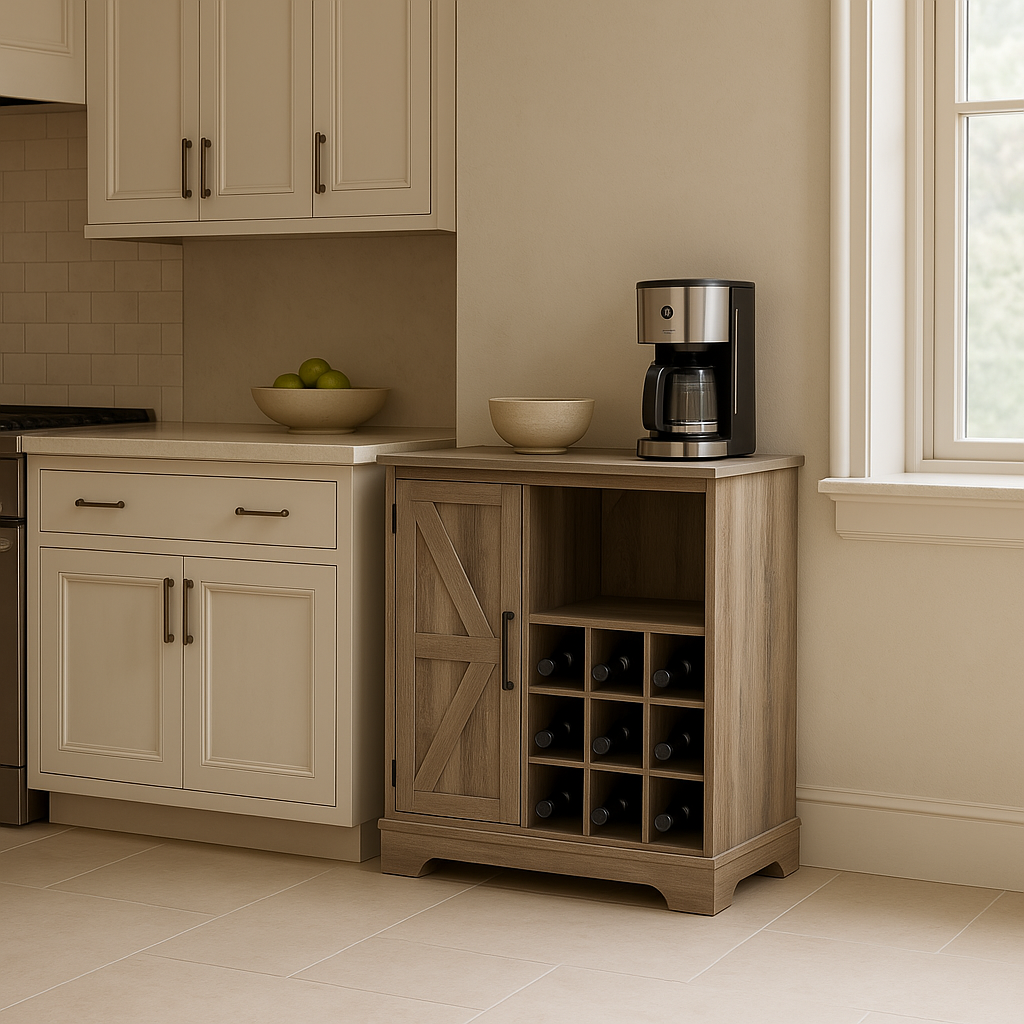 FUNKOL Gray MDF Sideboard with Barn Wood Cabinet Door and Wine Racks