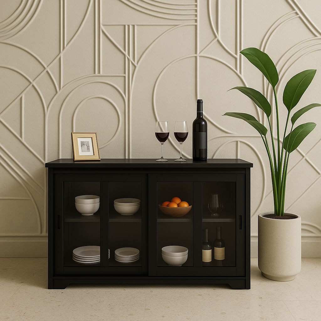 Tileon Black Kitchen Storage Cabinet Stand Cupboard With Glass Door