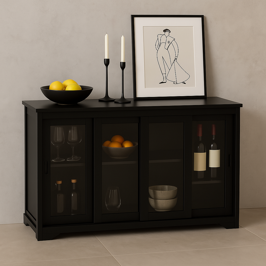 Tileon Black Kitchen Storage Cabinet Stand Cupboard With Glass Door