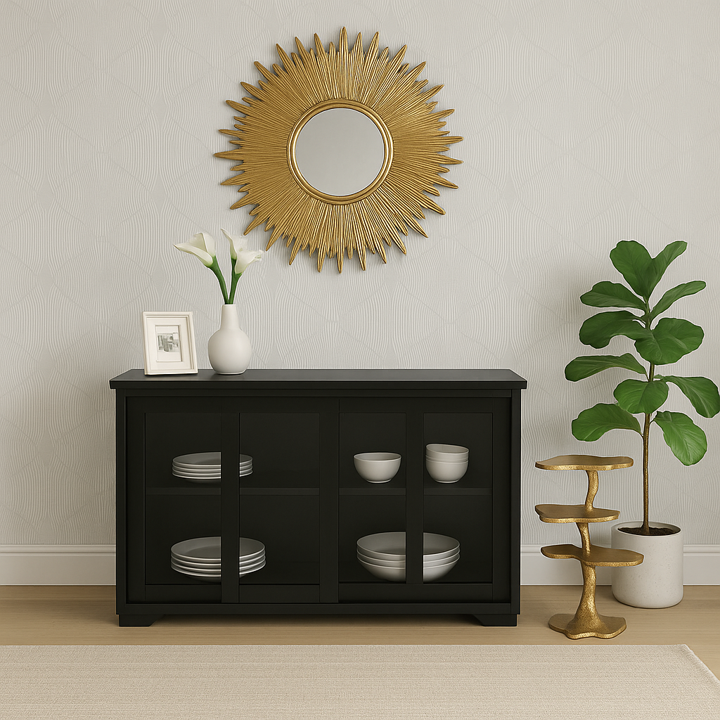 Tileon Black Kitchen Storage Cabinet Stand Cupboard With Glass Door