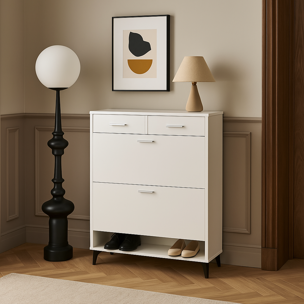 FUNKOL Freestanding Flip-Flop Shoe Cabinet in White MDF with 2 Flip-Flop Drawers and 2 Drawers
