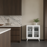 FUNKOL White Particleboard Kitchen Cabinet with Glass Doors and Adjustable Shelves