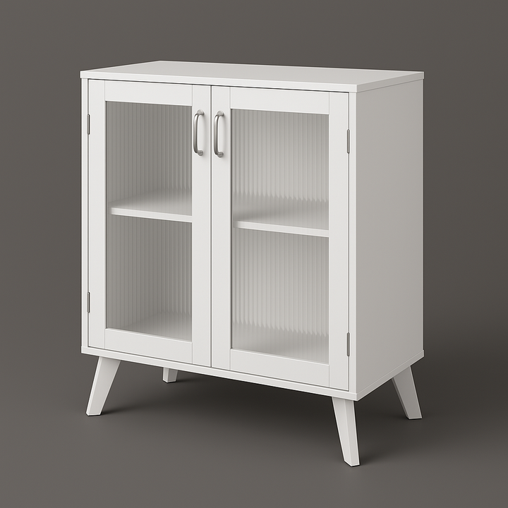 FUNKOL White Particleboard Kitchen Cabinet with Glass Doors and Adjustable Shelves