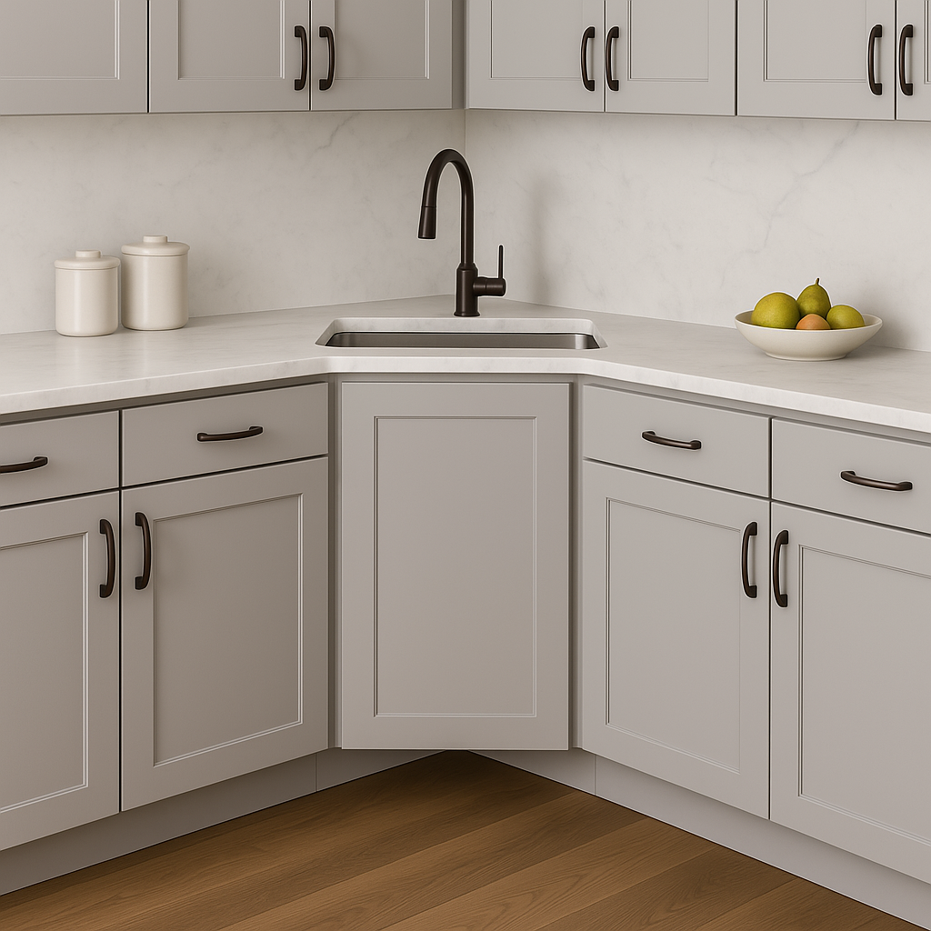 Hampton Bay Cambridge Gray Shaker Ready to Assemble Corner Sink Base Cabinet (36 in. W x 24.5 in. D x 34.5 in. H)