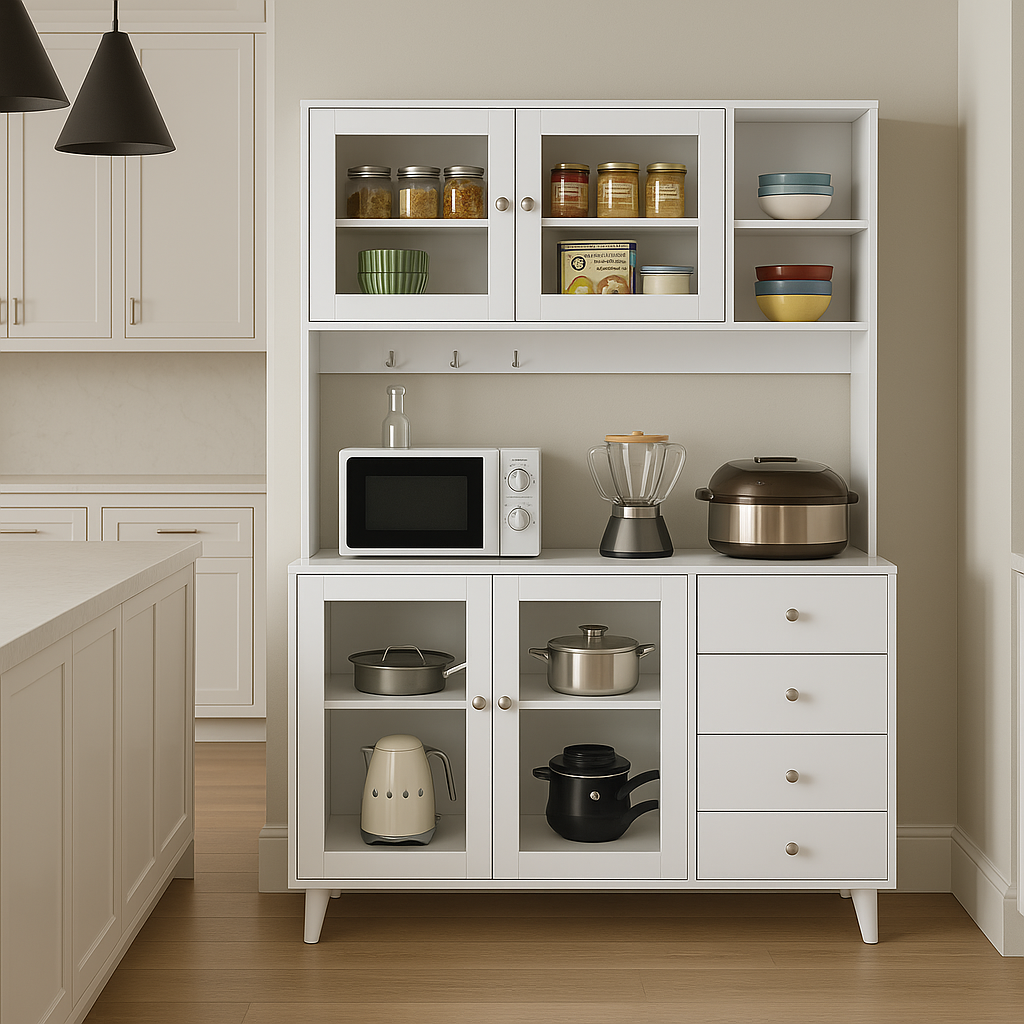 FUFU&GAGA Glass Doors Pantry Kitchen Cabinet Buffet with Drawers and Shelves