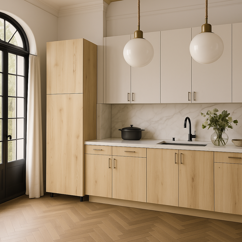 Cambridge Radiance Ready-to-Assemble Slab Pantry Kitchen Cabinet, Light Oak, 18x24x84