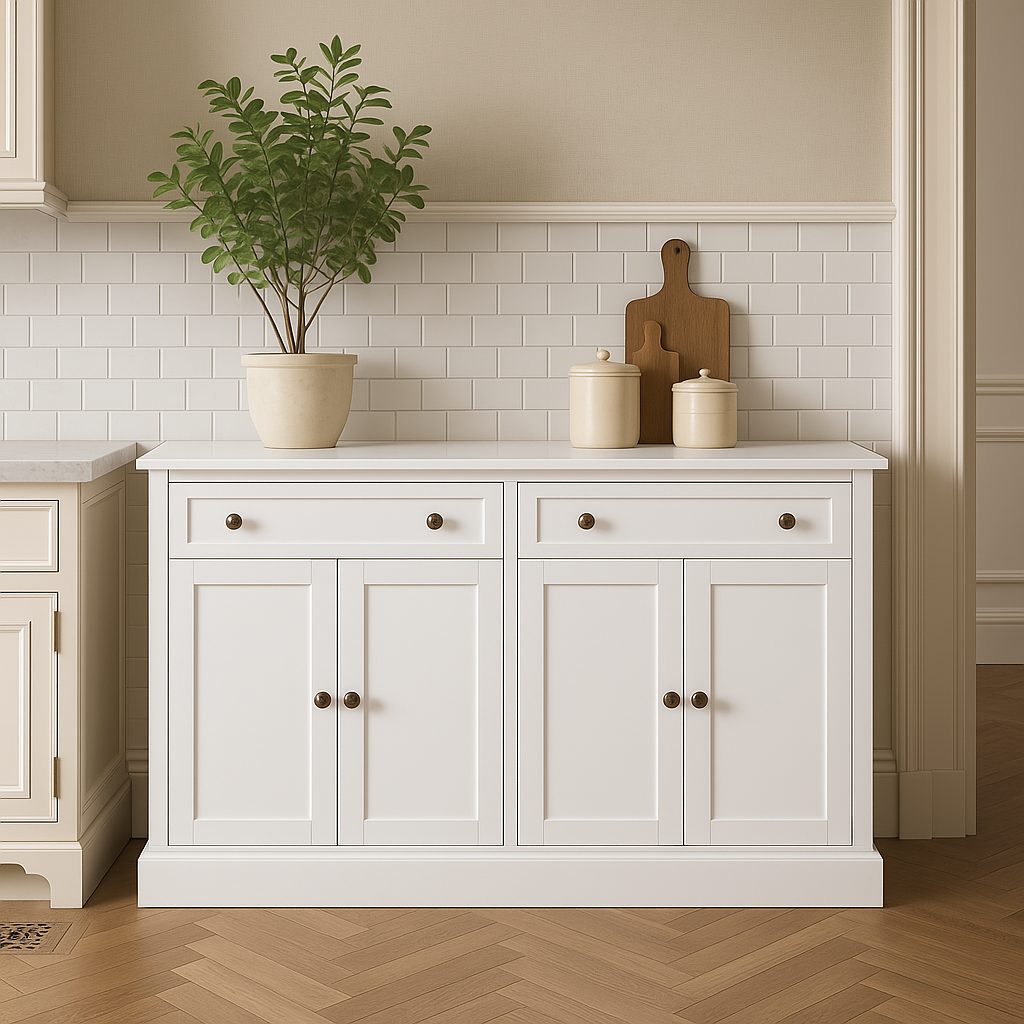 Runesay White MDF Kitchen Cabinet Sideboard with Drawers and Doors
