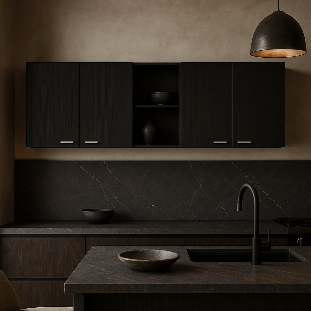 Amucolo Black Wood Wall Kitchen Cabinet with Shelves and Four Doors