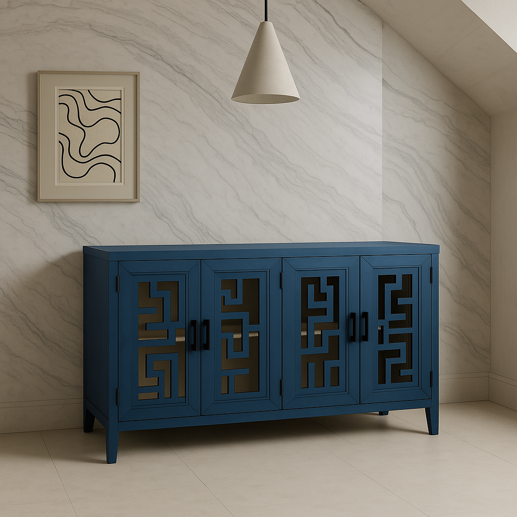 Runesay Navy Retro Solid Wood and MDF Sideboard - 60 in. W x 16 in. D x 34.1 in. H